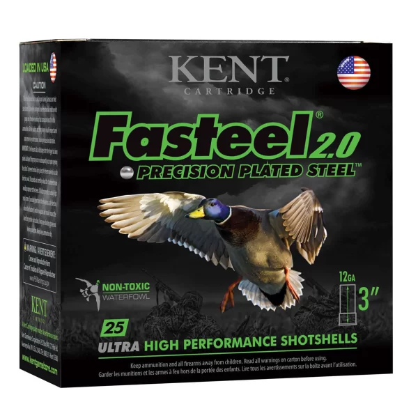 Kent cartridge, 12ga, 1560fps, 1 1/8 oz, Shot size 2, fasteel 2.0 pecision plated steel ultra high performance shotshells