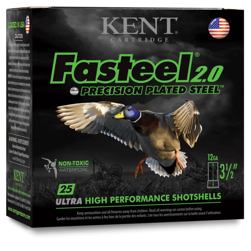 Kent cartridge, 12ga, 1550fps, 1 3/8 oz, BB, fasteel 2.0 pecision plated steel ultra high performance shotshells