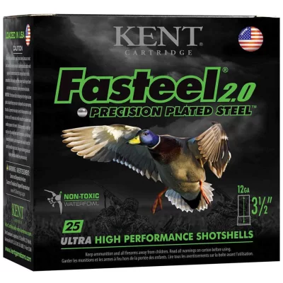 Kent cartridge, 12ga, 1550fps, 1 3/8 oz, Shot size 2, fasteel 2.0 pecision plated steel ultra high performance shotshell