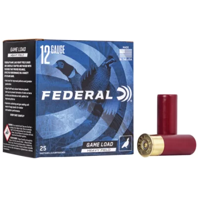 Federal game load heavy field 12 gauge 2 3/4 1220fps muz vel 3 1/4 dram eq. 1 1/4 Oz 6 shot