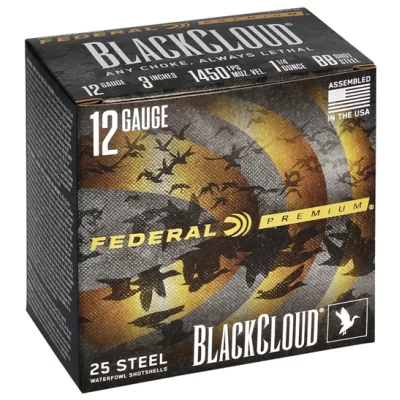 Federal premium 25 steel waterfowl shotshells blackcloud 12 gauge 3" 1450fps 1 1/4 oz bb shot steel