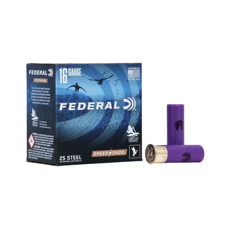 Federal ammunition steel 16ga 2 3/4 70mm 15/16 oz 27g 2 shot diameter 1350fps muz vel 411m seconde