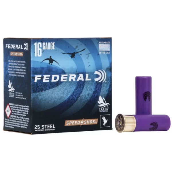Federal ammunition steel 16ga 2 3/4 70mm 15/16 oz 27g 2 shot diameter 1350fps muz vel 411m seconde