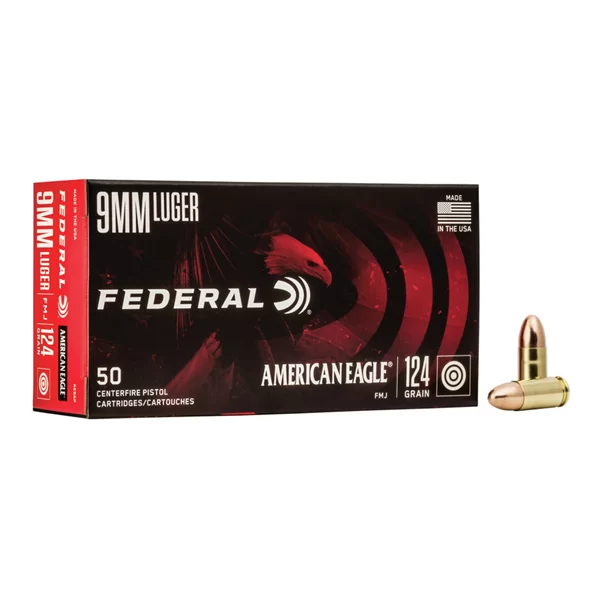 Federal American Eagle 50 Centerfire Pistol Cartridges, 9mm Luger, 124gr, FMJ