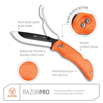 Couteau de rasoir remplaçable outdoor edge 3.5"  razor-pro avec 6 lames d’éviscération et etui